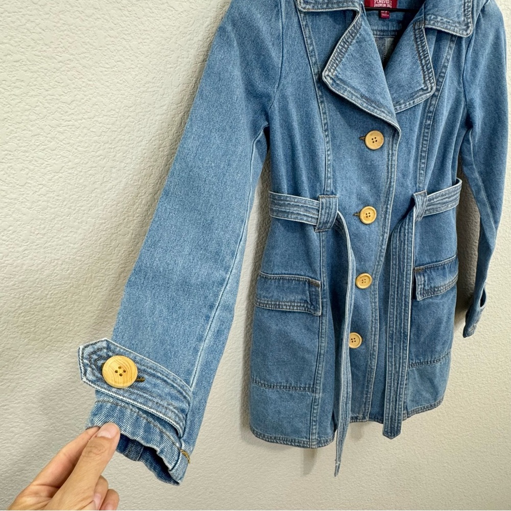 Vintage Forever 21 Denim Belted Jacket 2000s Y2K Trench Style XS - Picture 6 of 11